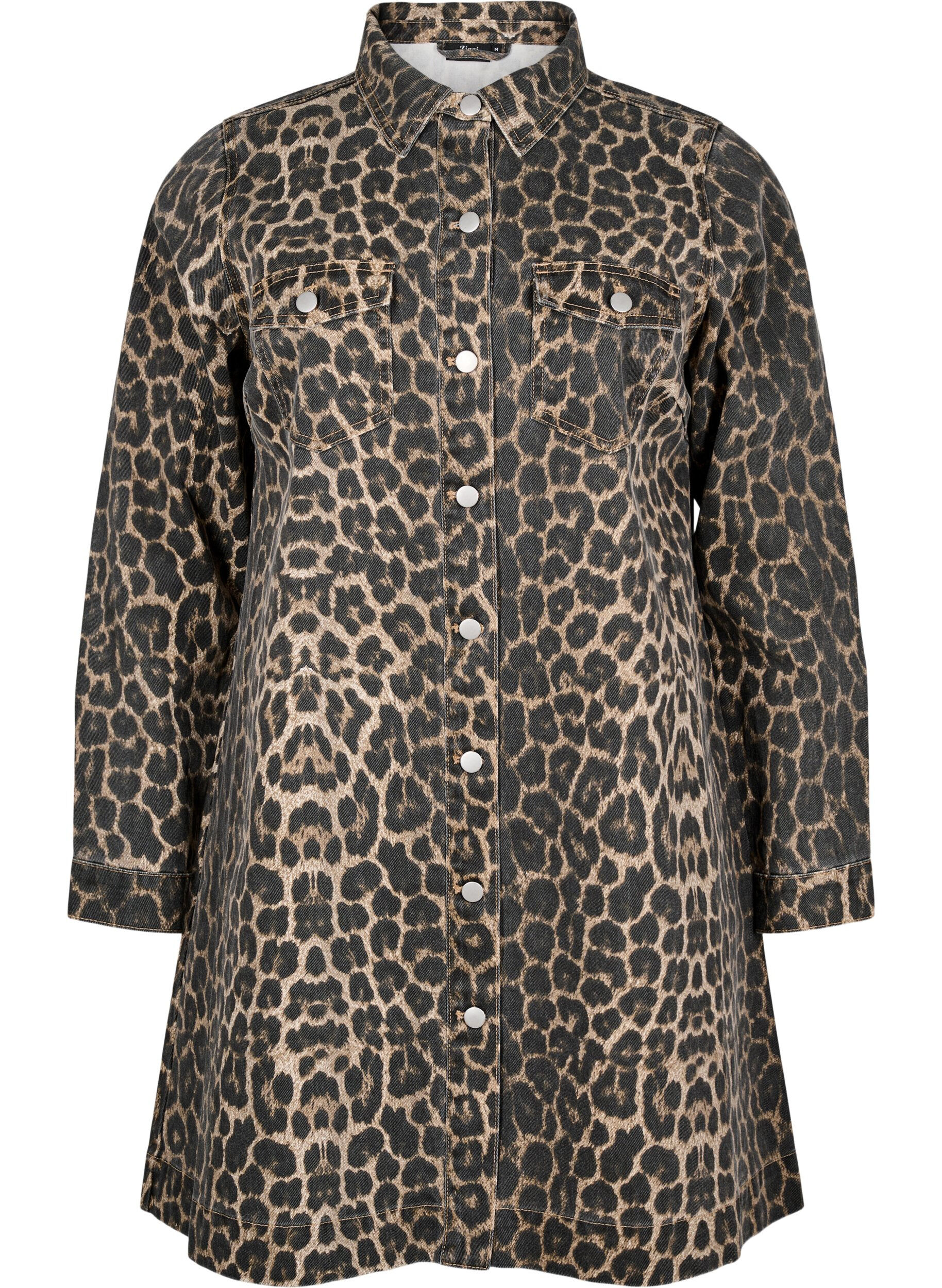 Zizzifashion Long-sleeved denim dress with leopard print, Brown, Packshot image number 0