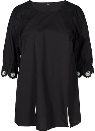 Long cotton blouse with 3/4 sleeves, Black, Packshot image number 0