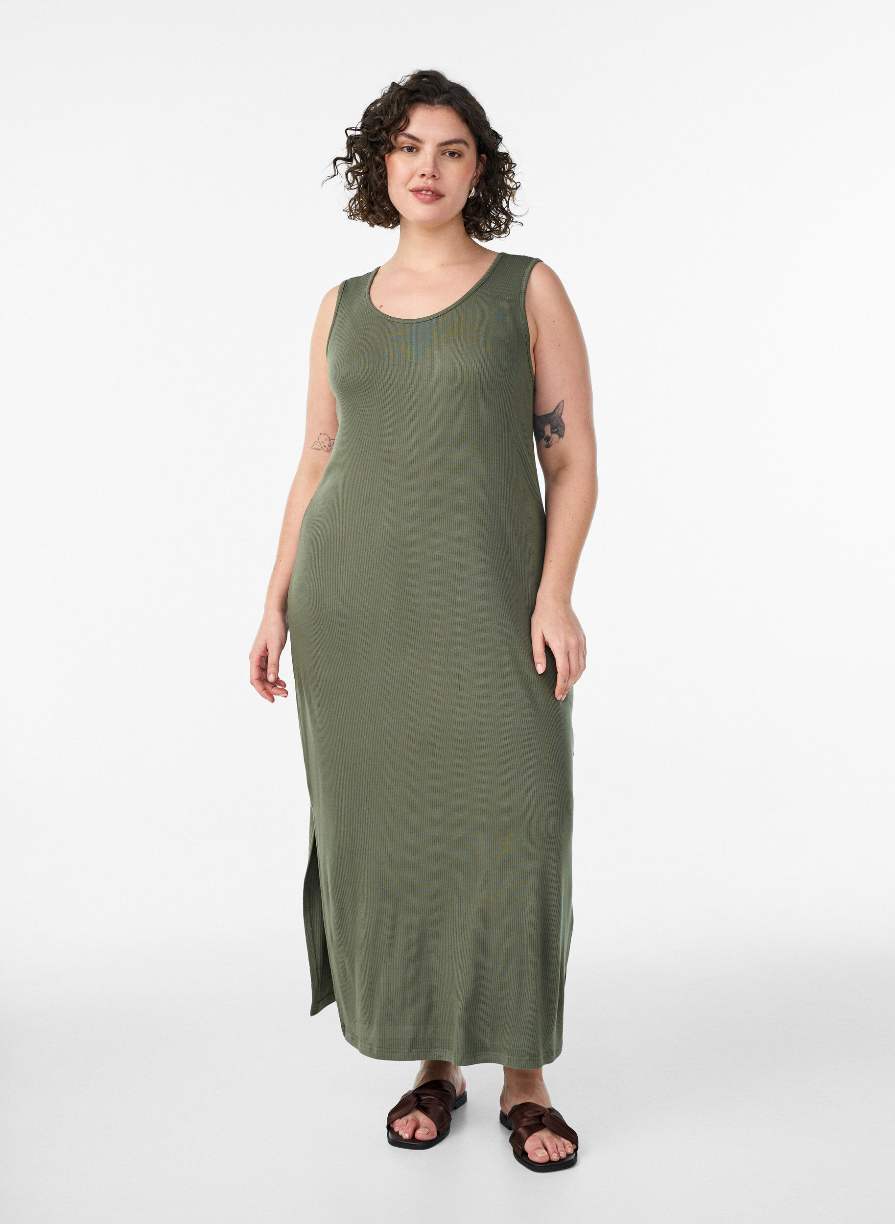 Zizzifashion Sleeveless ribbed dress in viscose, Green, Model image number 0