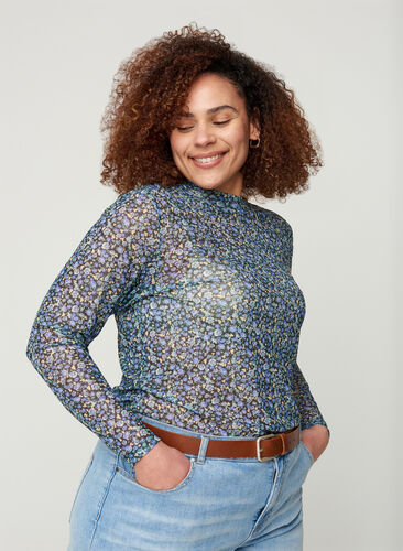 Mesh blouse with floral print, Black AOP, Model image number 0
