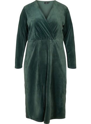 Long-sleeved velour midi dress, Darkest Spruce, Packshot image number 0