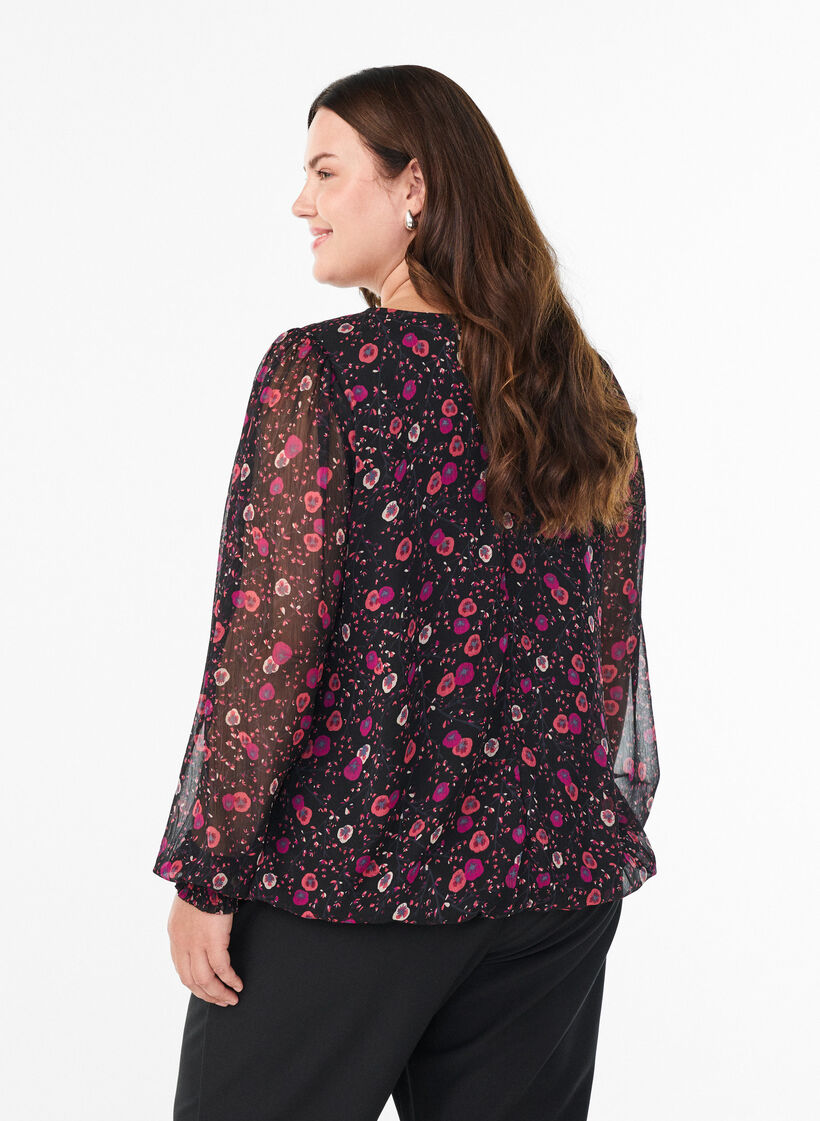 Floral chiffon blouse with sheer sleeves, Black, Model image number 2