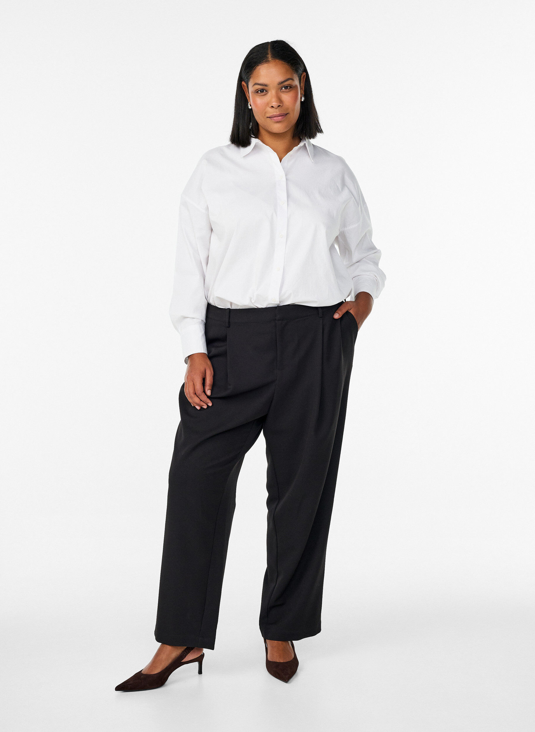 High-waisted tailored trousers with straight legs, Black, Model
