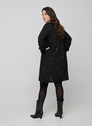 Long-sleeved dress with pearls and smocking, Black, Model image number 1