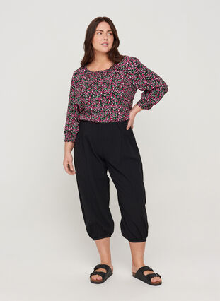 Printed viscose blouse with smock and 3/4 sleeves, Black AOP, Model image number 2