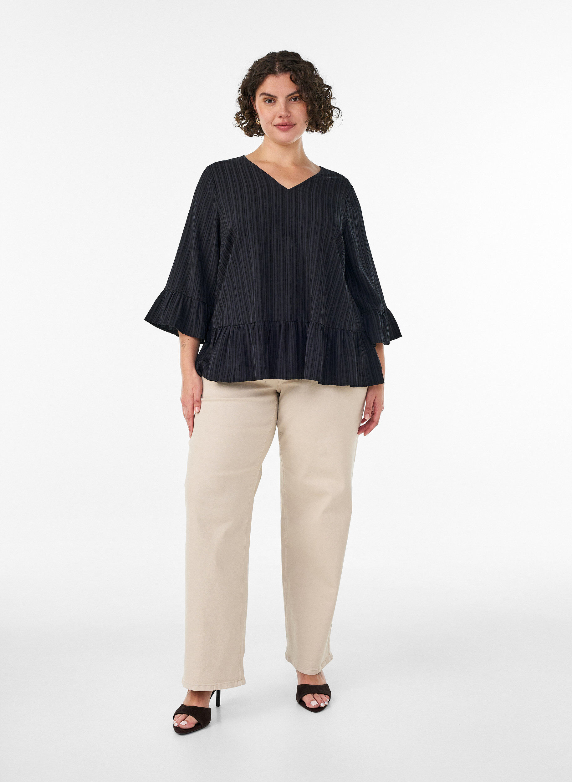Zizzifashion Blouse with texture, V-neck and ruffles, Black, Model image number 1