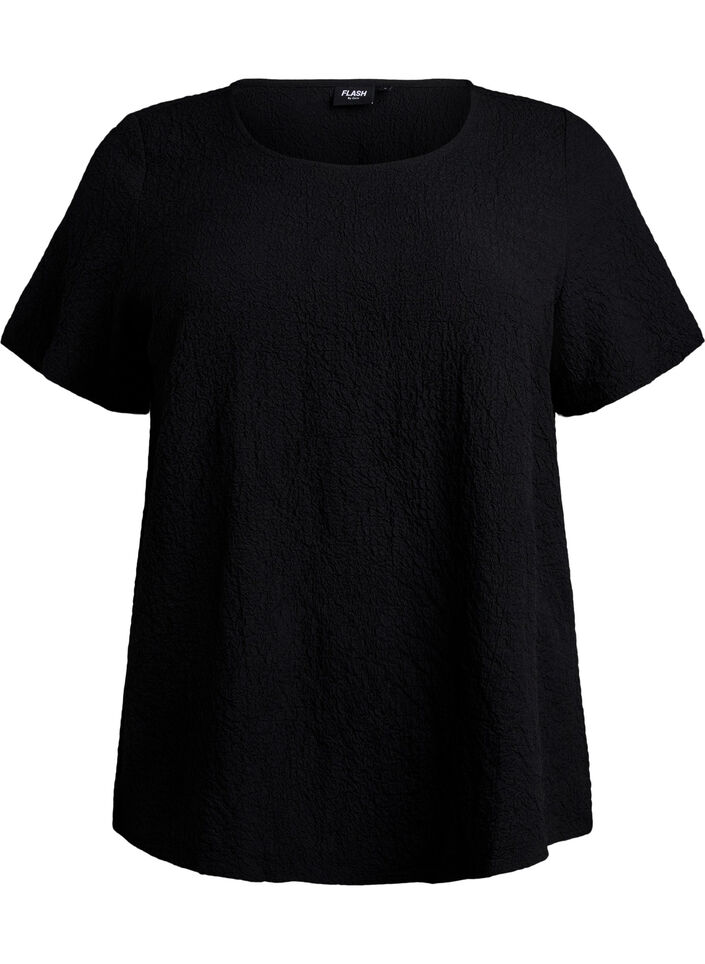 FLASH - Short-sleeved blouse with texture, Black, Packshot image number 0