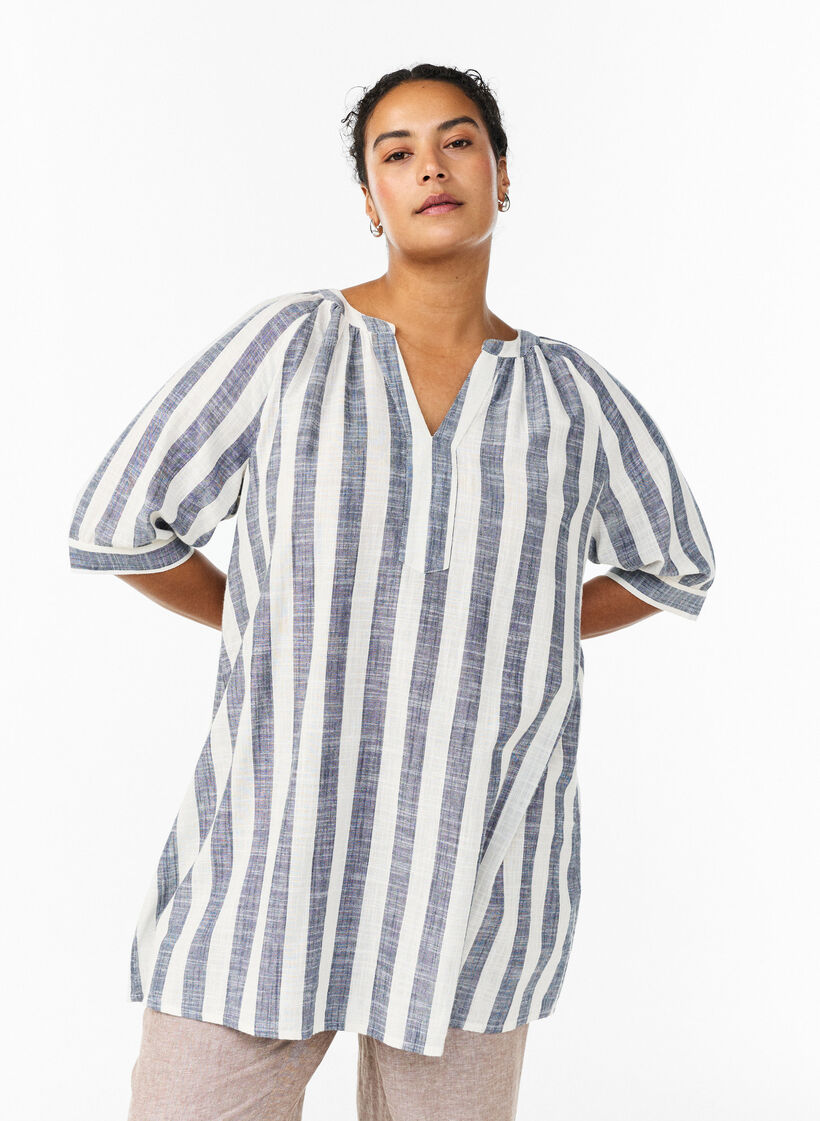 Cotton tunic with a V-neck, Blue, Model image number 0