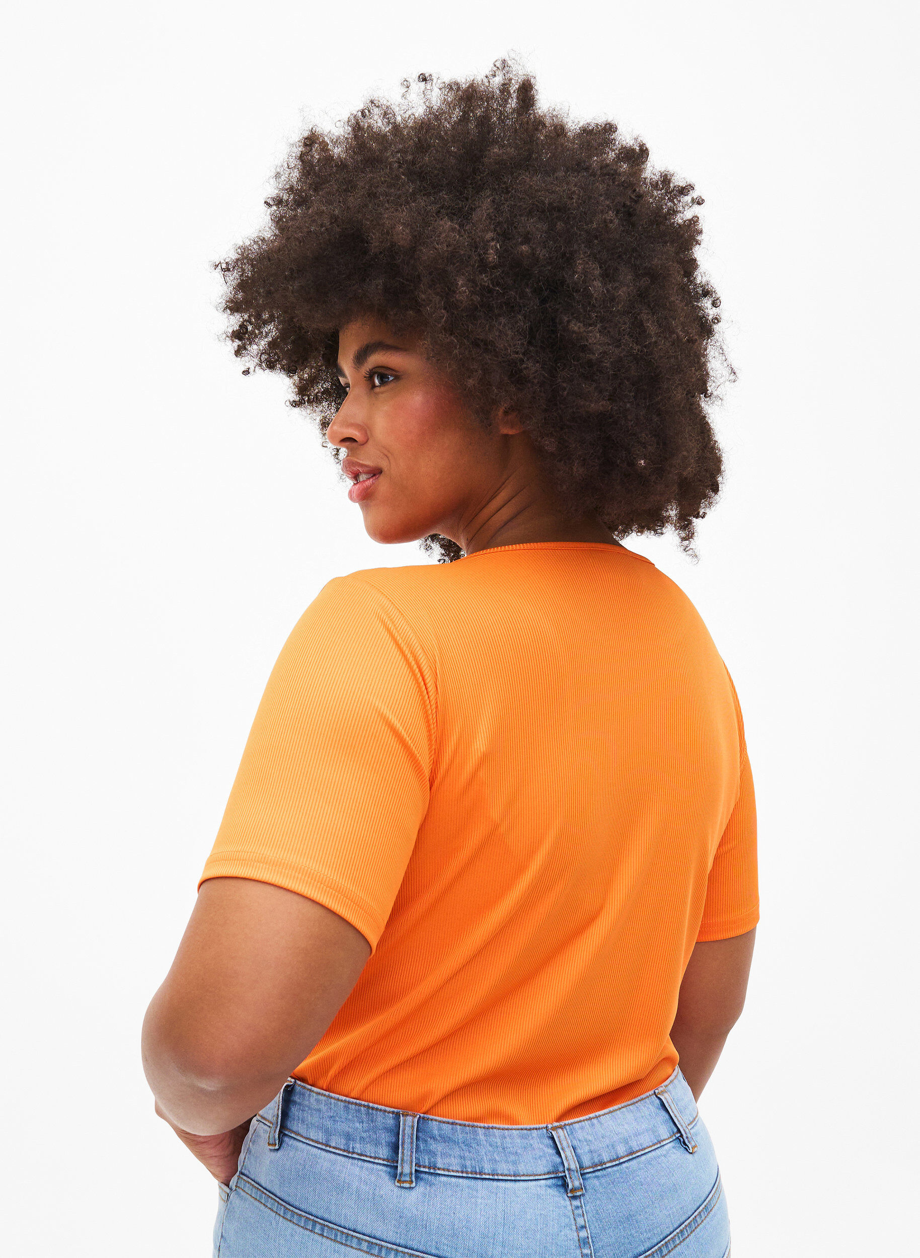 Zizzifashion Tight-fitting V-neck blouse with mesh detail, Vibrant Orange, Model image number 1