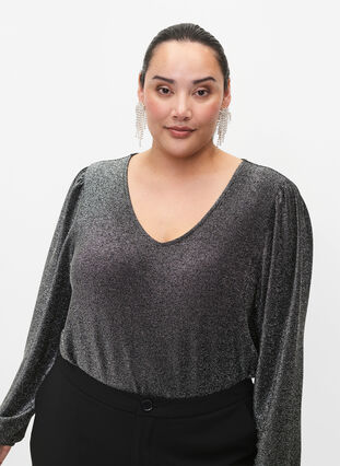 Glitter blouse with puff sleeves, Black Silver, Model image number 2
