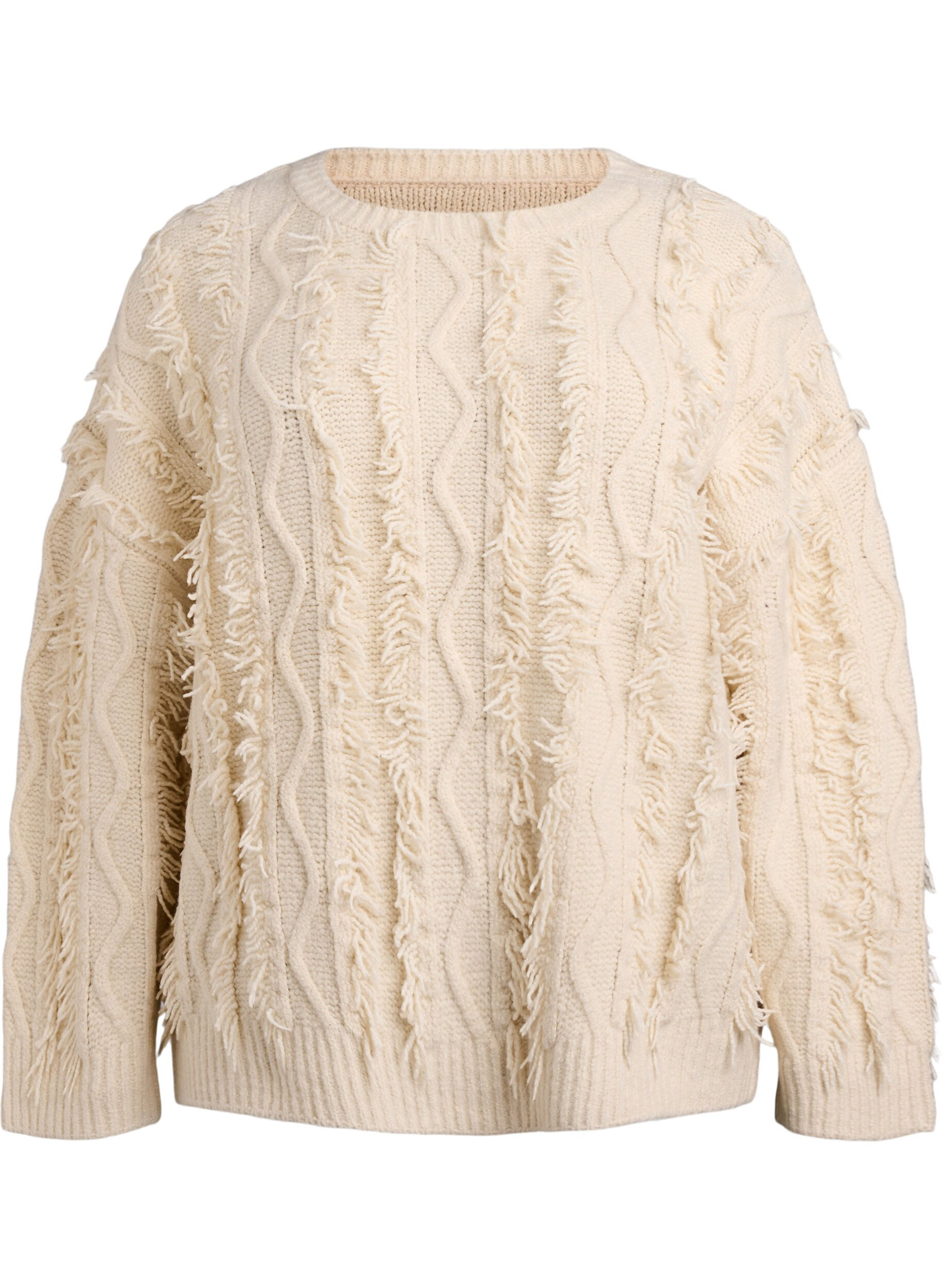 Knitted blouse with cable pattern and fringes