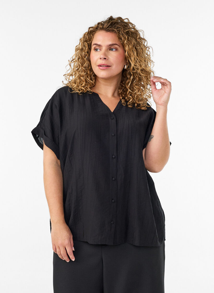 Viscose blouse with buttons and texture, Black, Model image number 0
