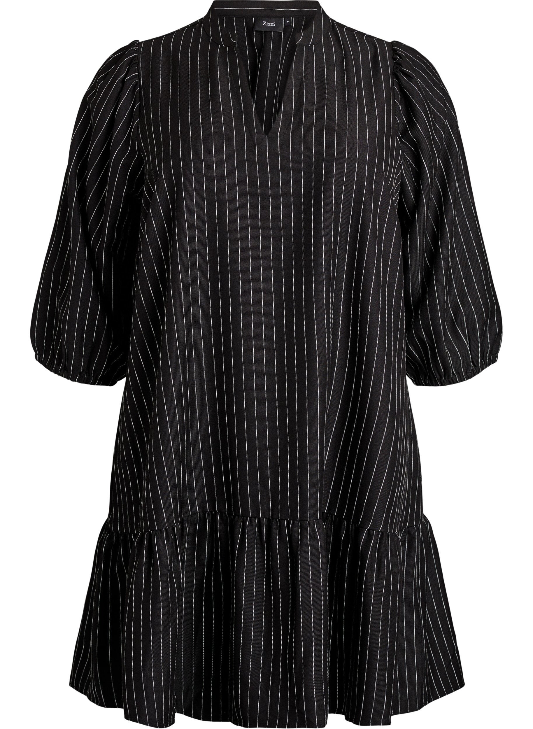 Short A-line dress with pinstripes and a ruffle hem