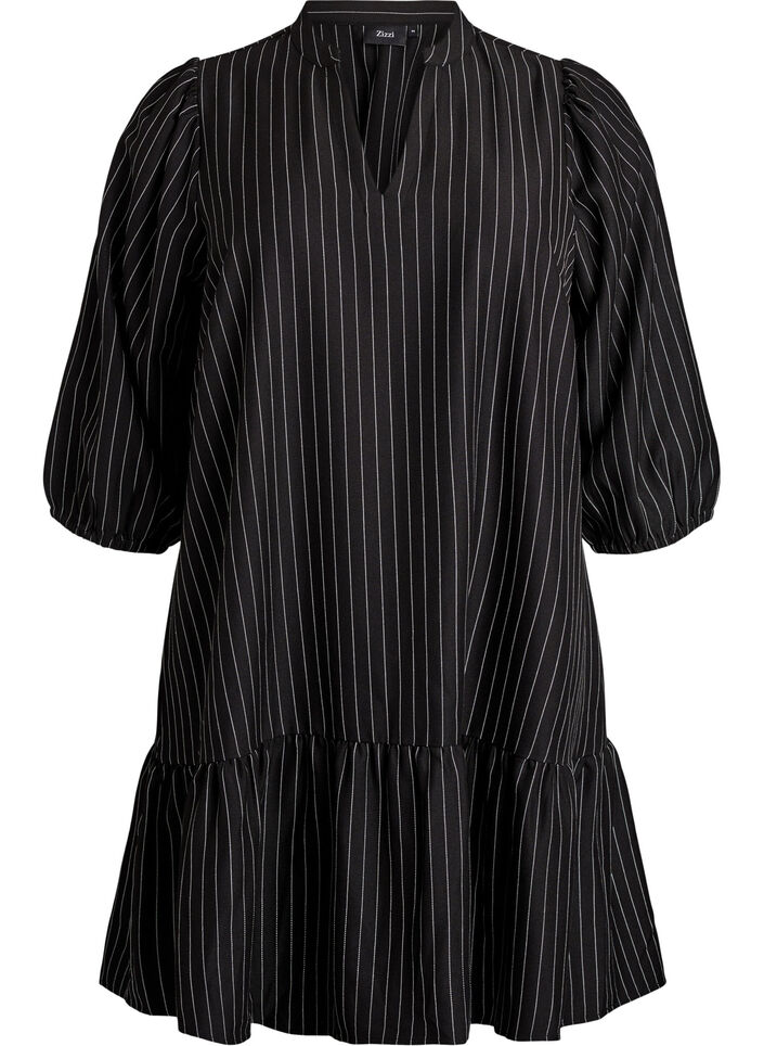 Short A-line dress with pinstripes and a ruffle hem, Black, Packshot image number 0