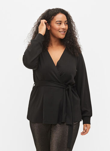 Wrap top with tie band and lurex, Black w. Black, Model image number 0