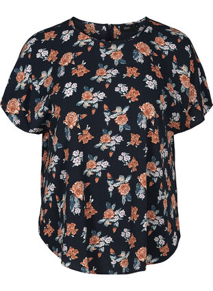 Blouse with short sleeves, Blue w. flowers , Packshot image number 0