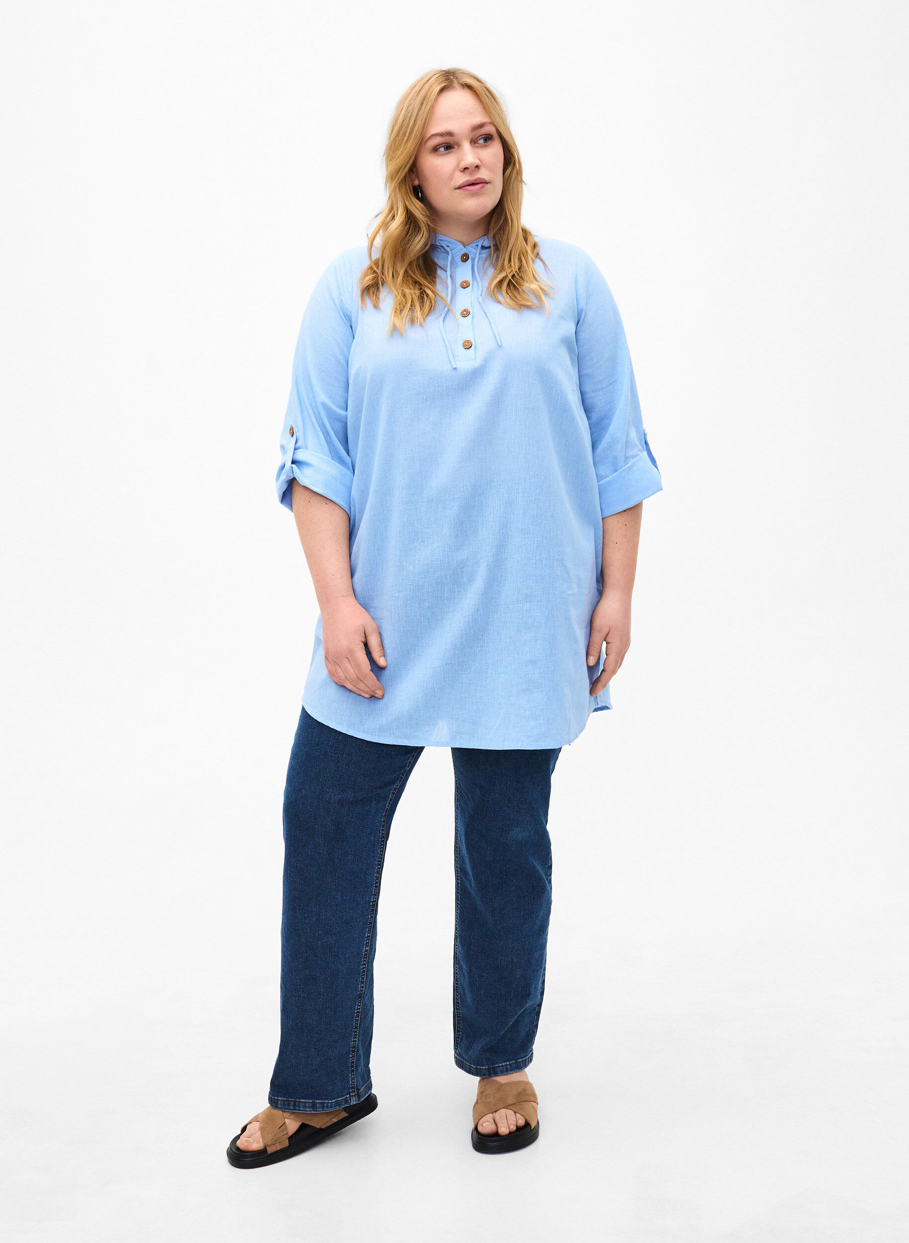 Zizzifashion Hooded tunic in cotton and linen, Serenity, Model image number 2