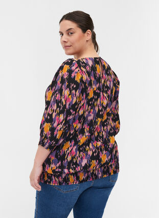 Printed viscose blouse with smock and 3/4 sleeved, Black AOP, Model image number 1