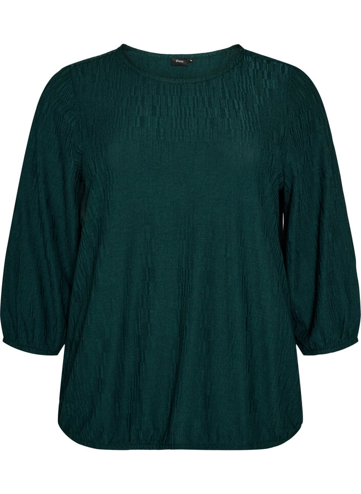 Blouse with texture and 3/4 sleeves, Green, Packshot image number 0