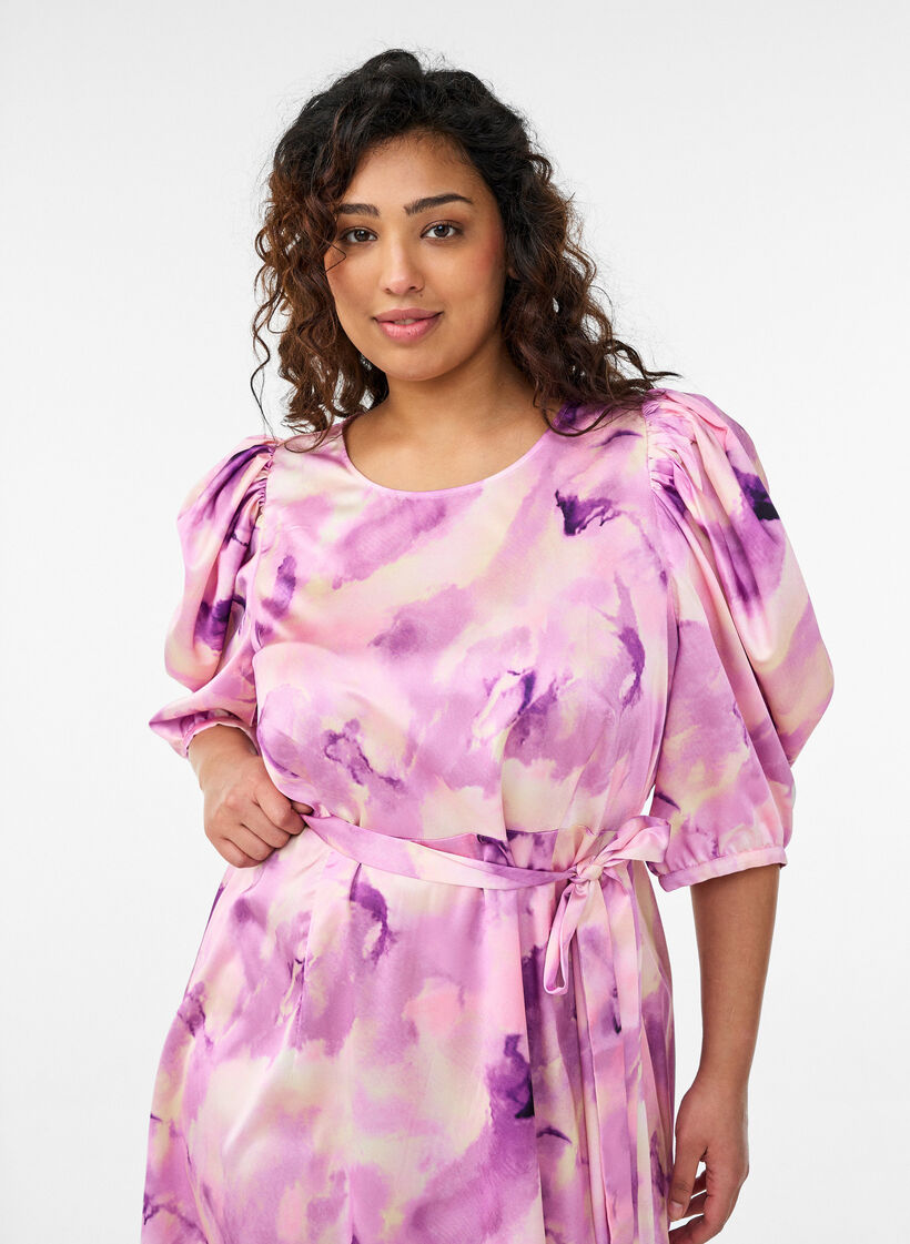 Short-sleeved party dress with tie-belt, Purple, Model image number 2