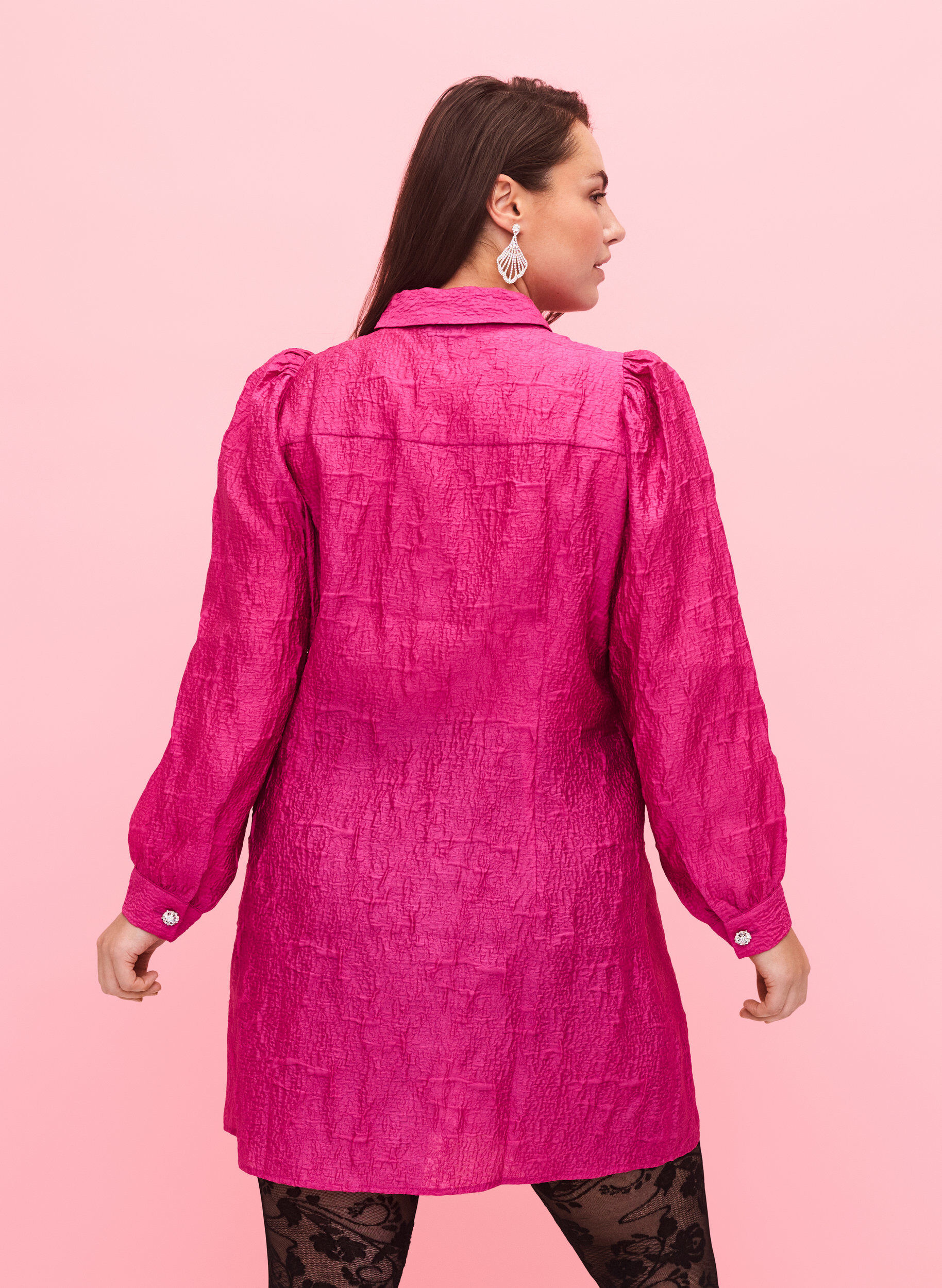 Zizzifashion Shirt dress with texture and pearl buttons, Cactus Flower, Model image number 1