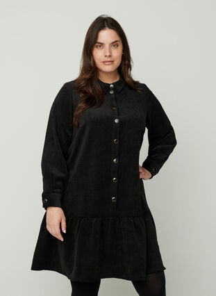 Short velvet dress with buttons, Black, Model image number 0