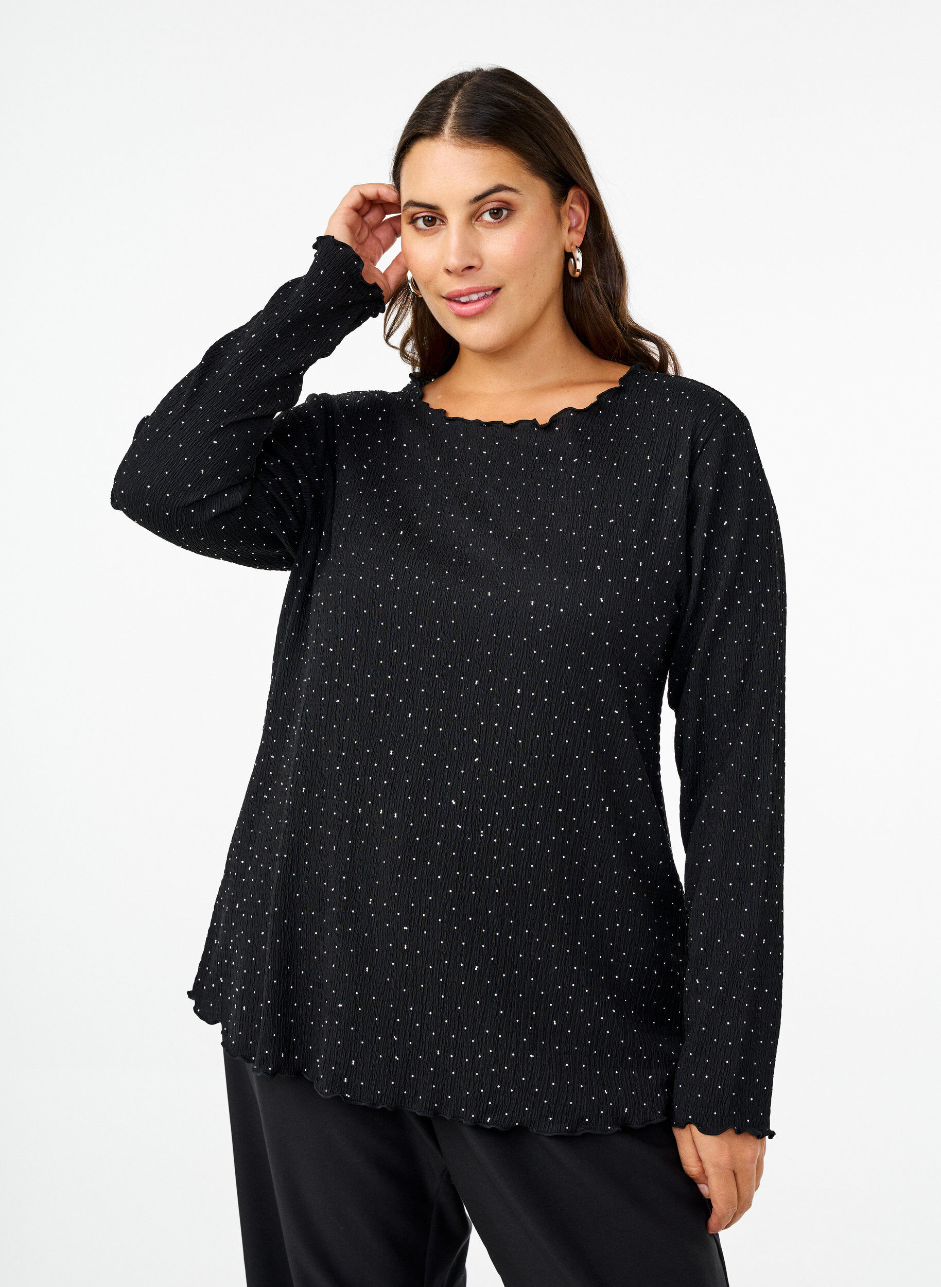Long-sleeved blouse with rhinestones, Black, Model