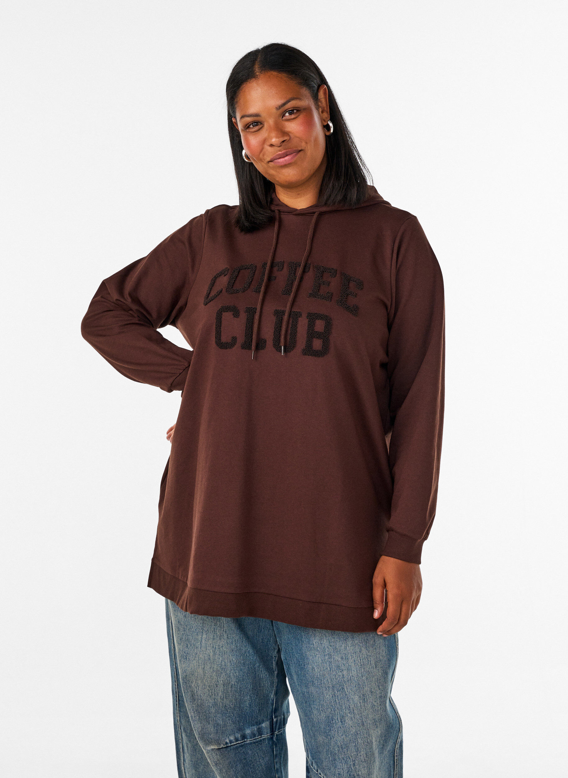 ZizzifashionHoodie with a terry text motif, Brown, Model image number 0