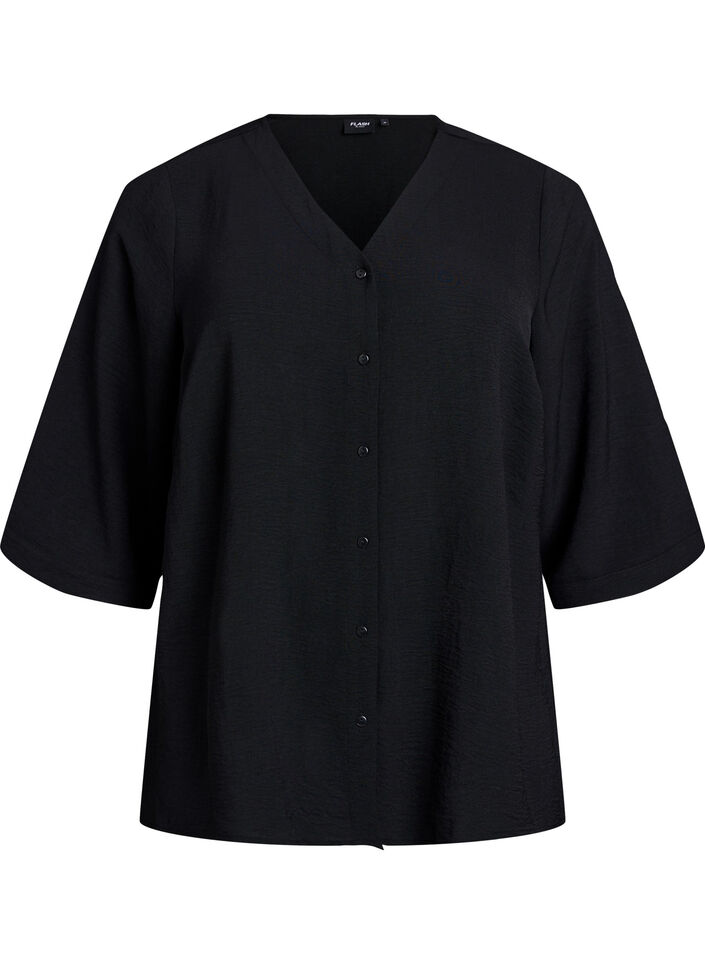 FLASH – Shirt Blouse with V-Neck and 3/4 Sleeves, Black, Packshot image number 0