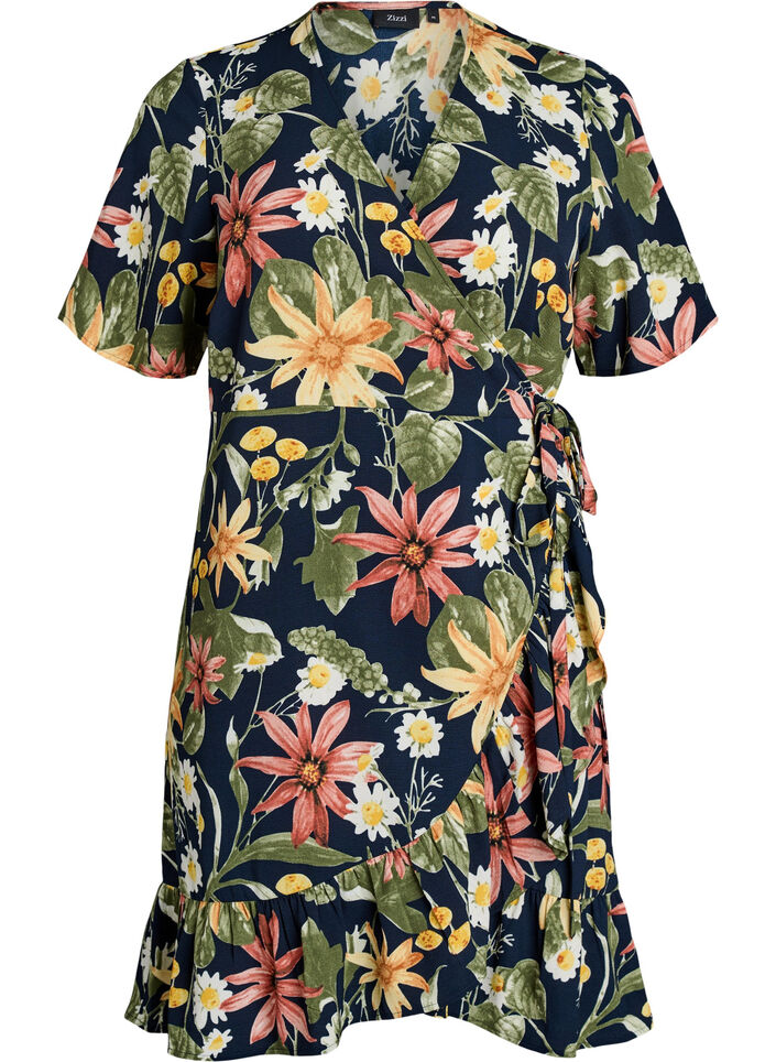 Floral wrap dress with short sleeves, Blue, Packshot image number 0