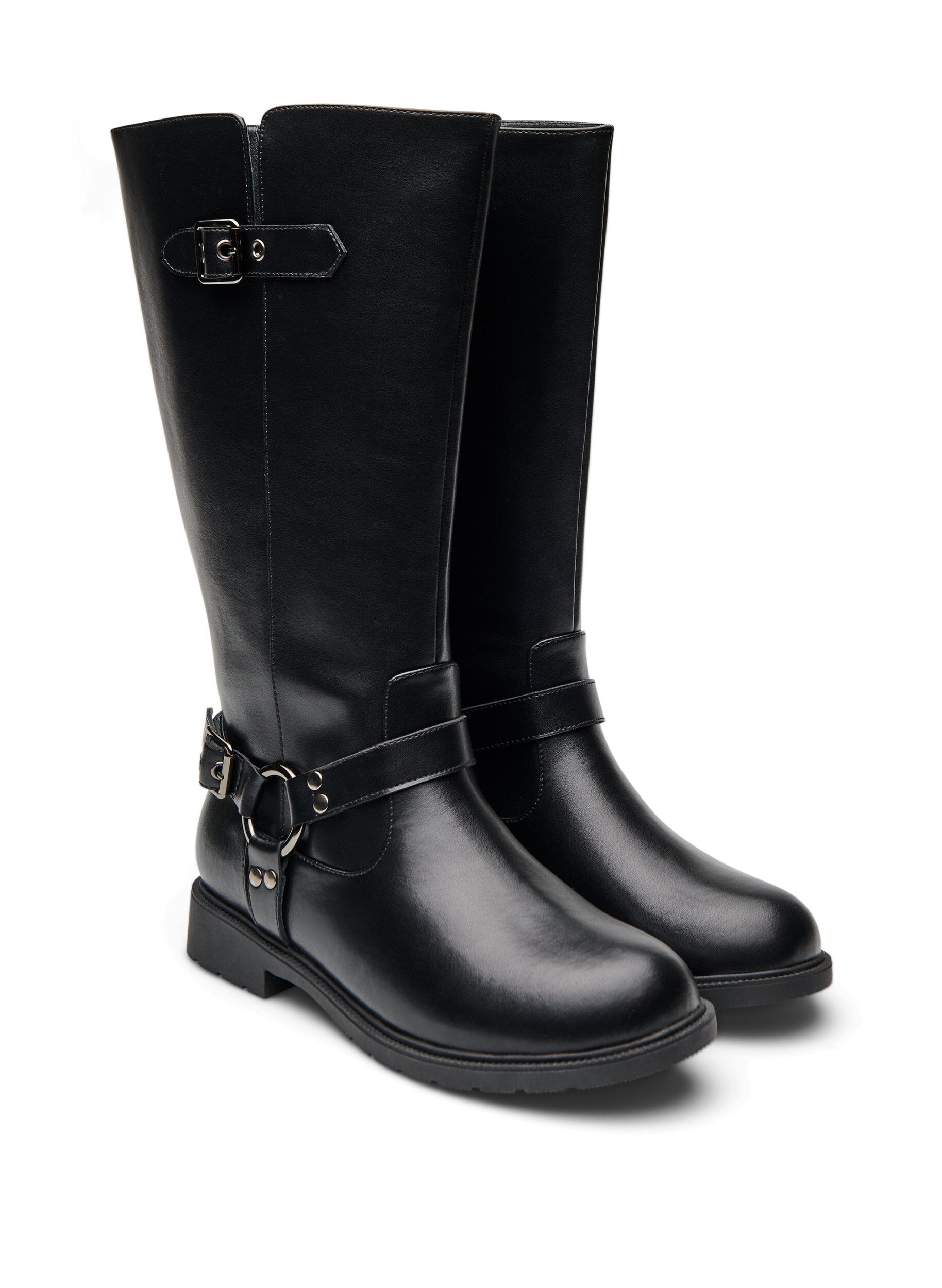 Zizzifashion Wide fit - High leather boot with decorative buckles, Black, Packshot image number 1