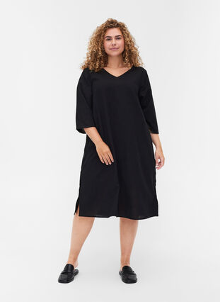 Cotton dress with 3/4 sleeves and buttons, Black, Model image number 2