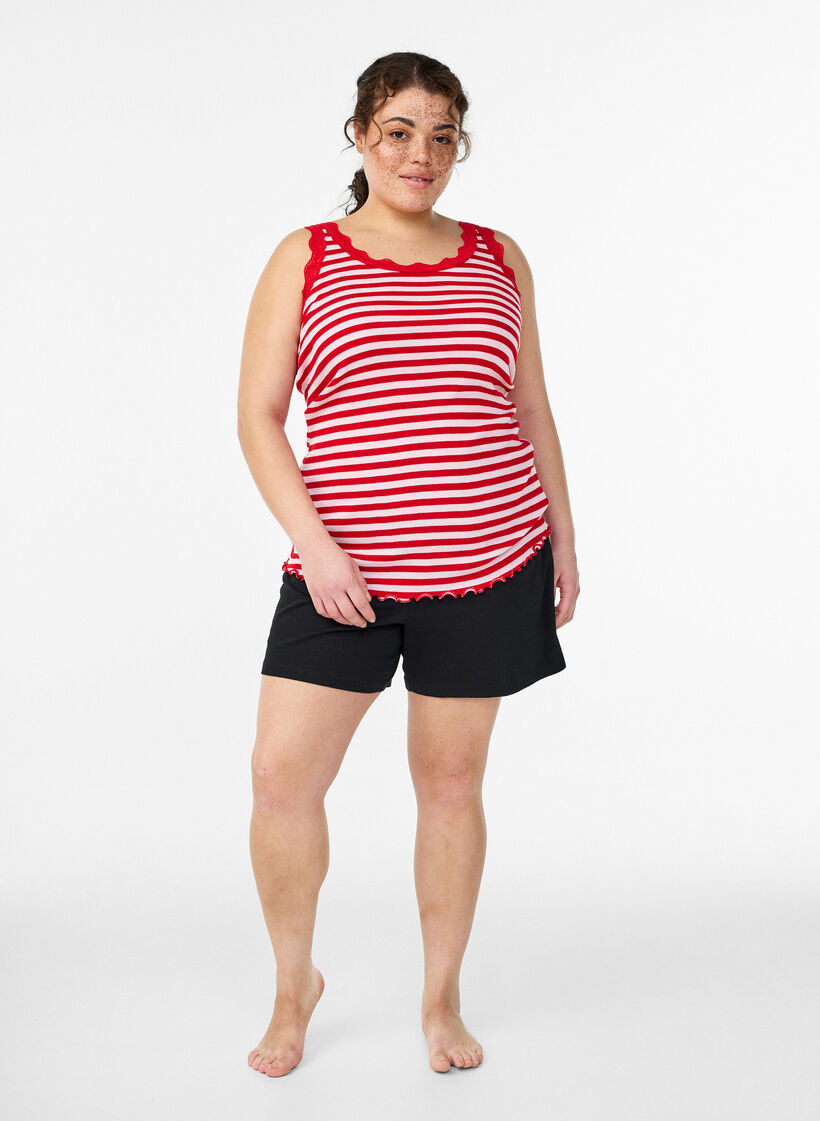 Striped top with a ribbed texture and a lace trim, Pink, Model image number 1