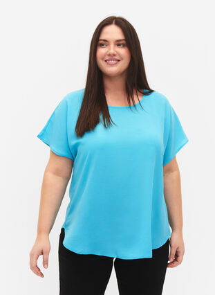 Blouse with short sleeves and a round neckline, Blue Atoll, Model image number 0