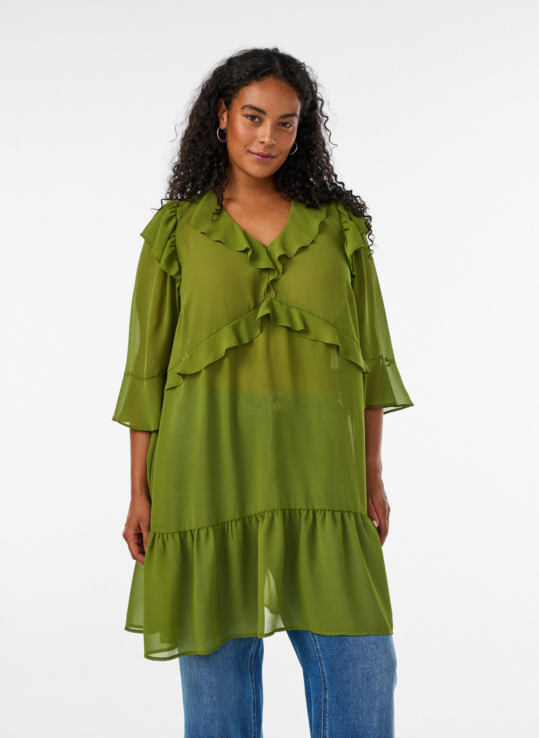 Lightweight dress with ruffles and a V-neck, Green, Model