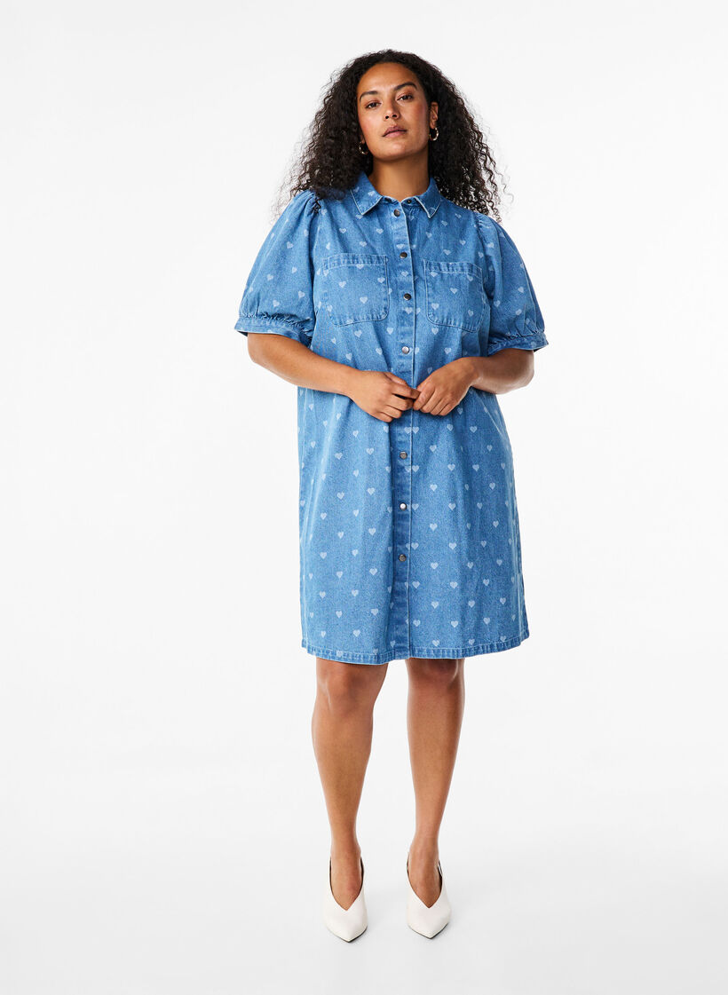 Short-sleeved denim dress with heart print, L. Blue D. w. Heart, Model image number 2