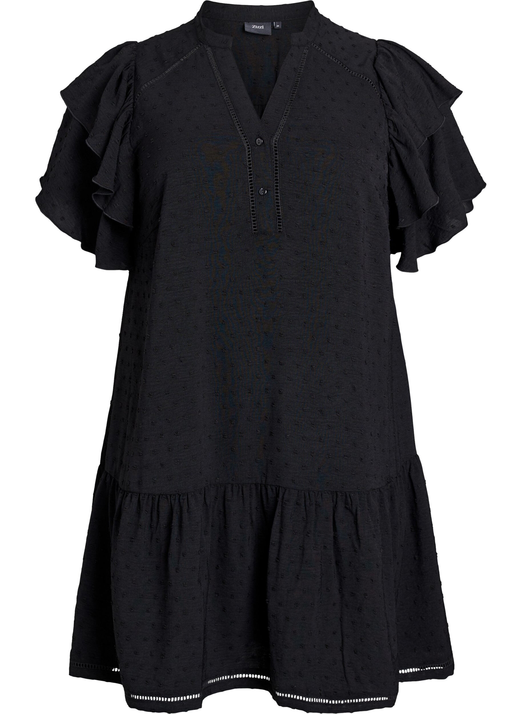Zizzifashion Short dress with ruffle sleeves and dotted texture, Black, Packshot image number 0