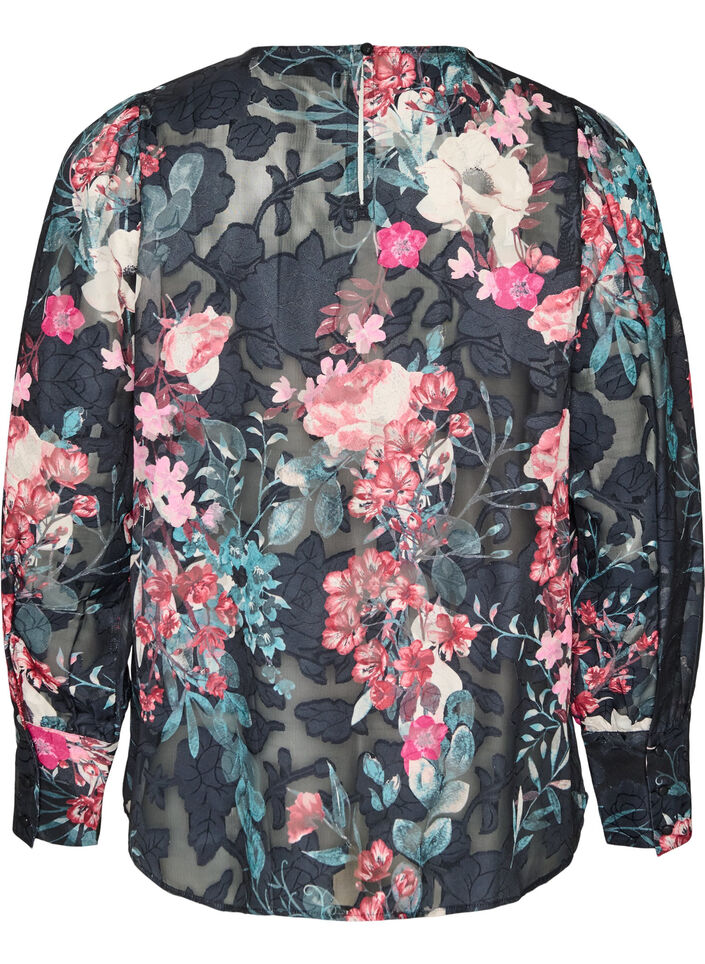 Floral blouse with woven texture, Black, Packshot image number 1