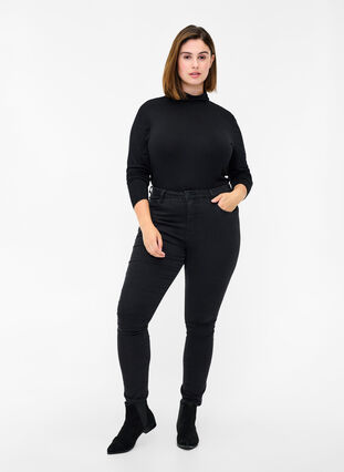 Close-fitting viscose blouse with roll-neck, Black, Model image number 2