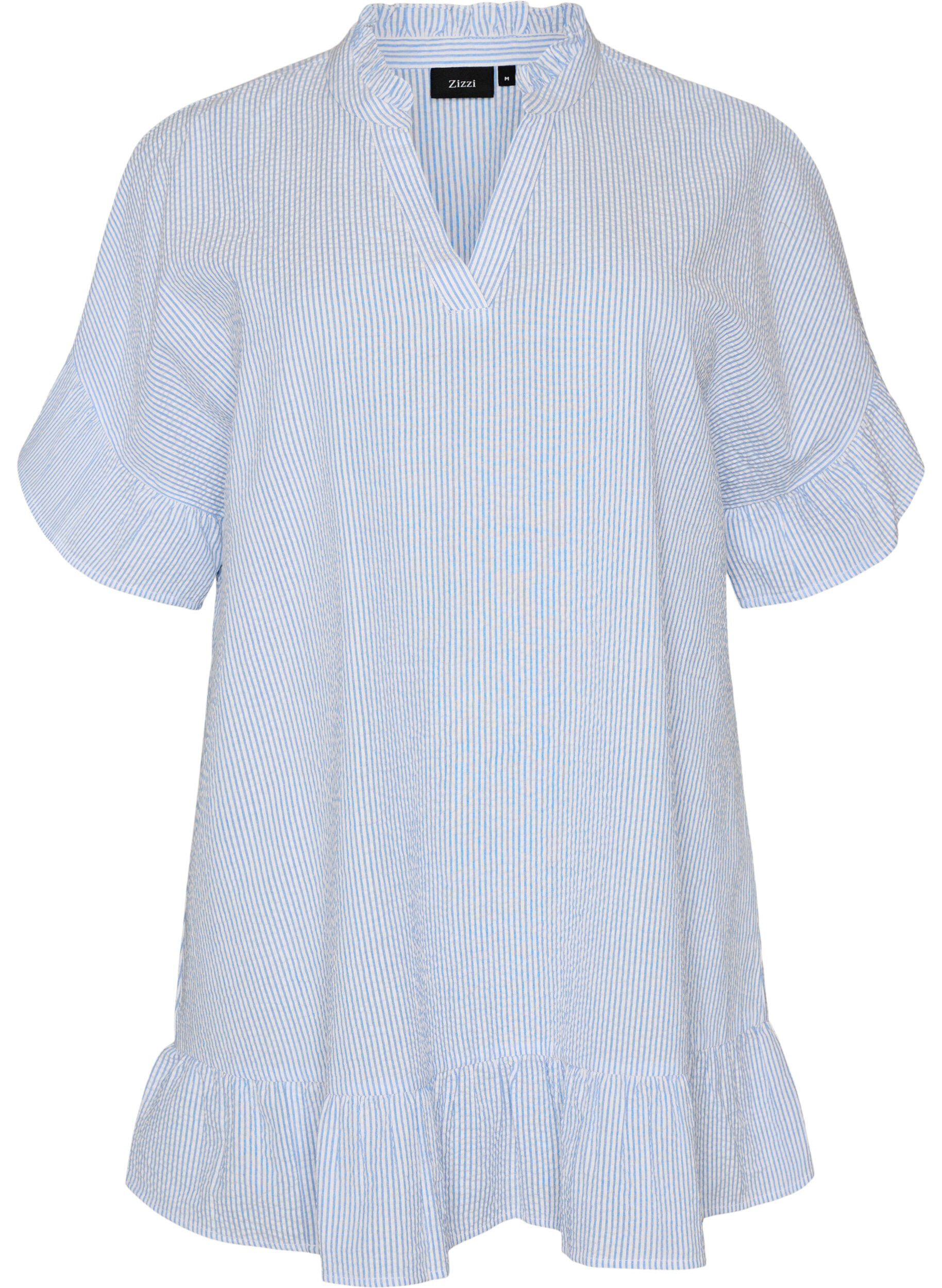 Zizzifashion Cotton tunic with stripes and ruffle details, Light Blue, Packshot image number 0