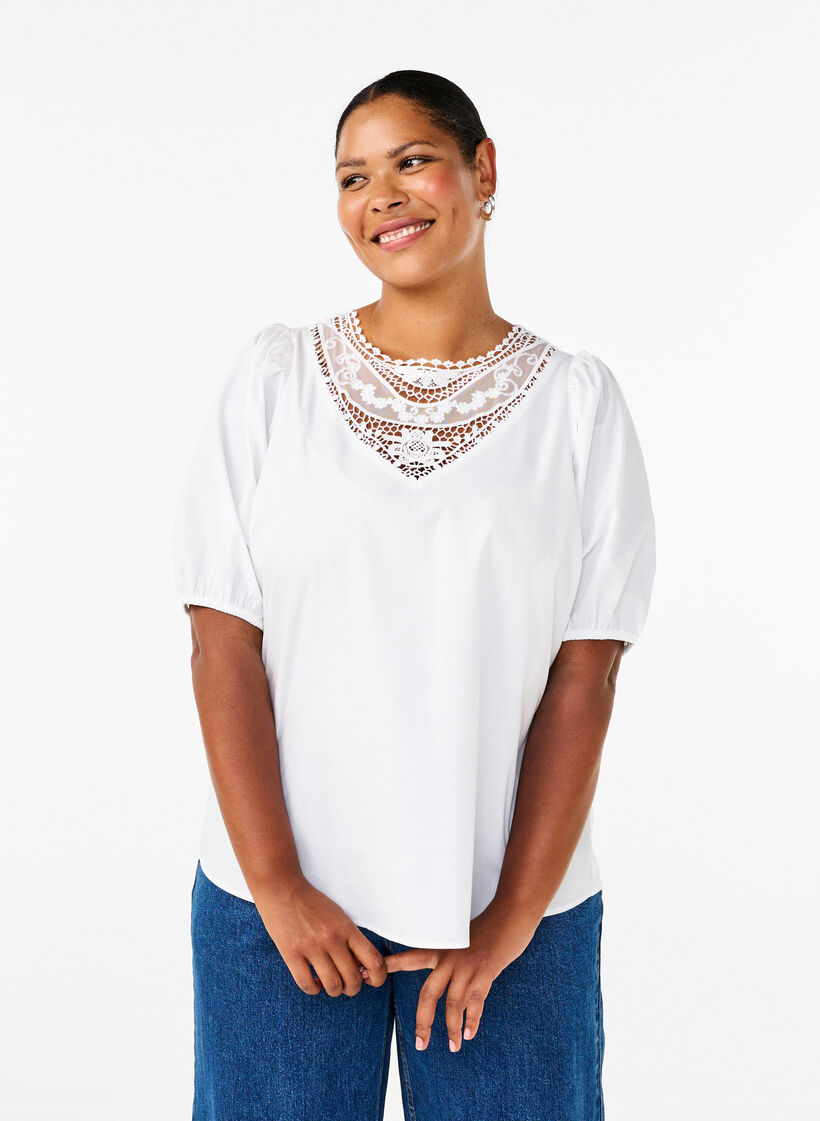Short-sleeved blouse with lace detail, Bright White, Model image number 0