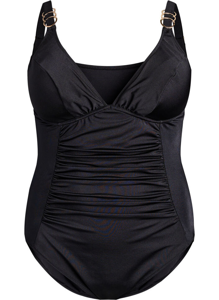 Swimsuit with V-neck and ring detail, Black, Packshot image number 0