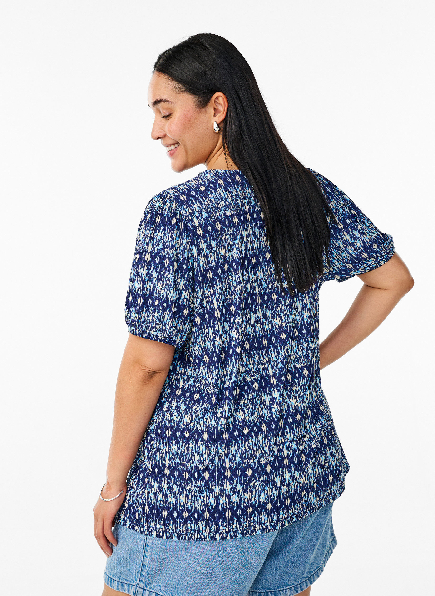 Zizzifashion Patterned blouse with short sleeves, Blue, Model image number 2