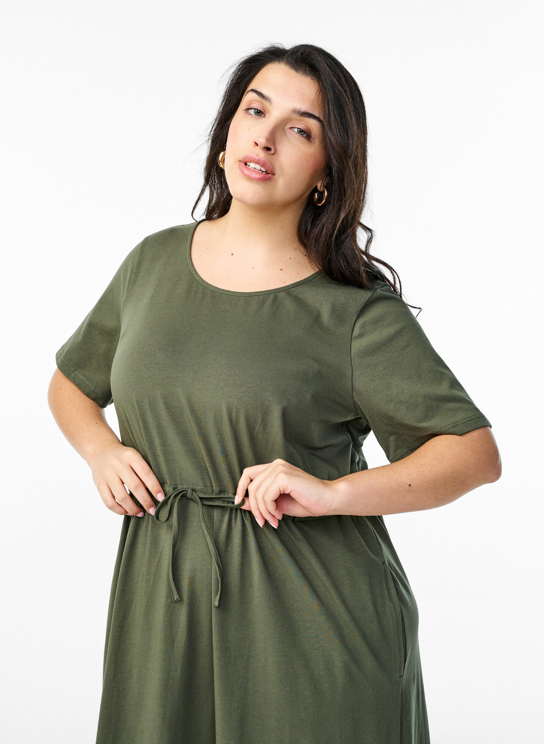 Zizzifashion Midi dress in cotton with short sleeves, Green, Model image number 2