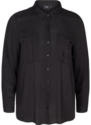 Viscose shirt with chest pockets, Black, Packshot image number 0