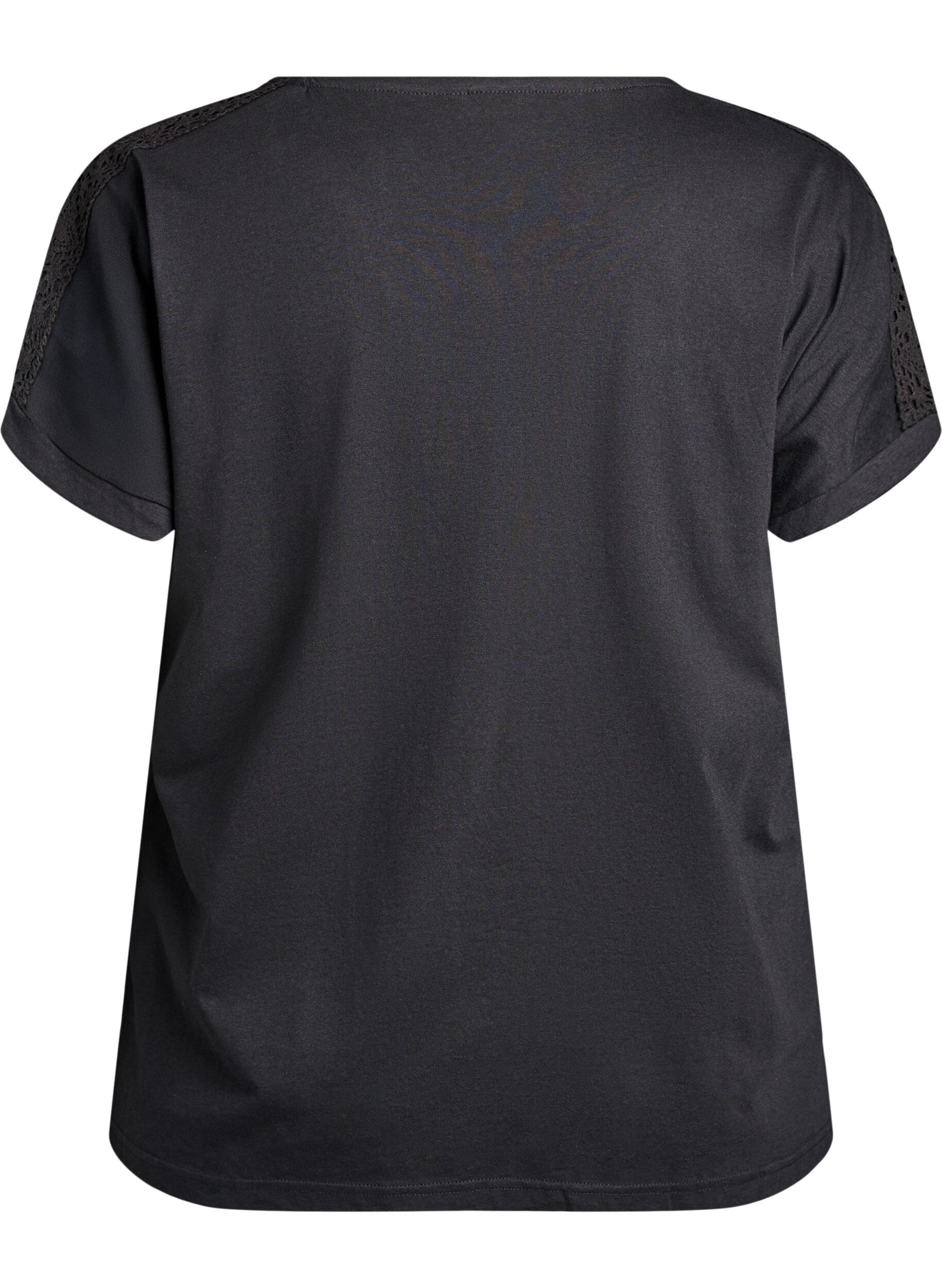 Zizzifashion Cotton T-shirt with crochet detail, Black, Packshot image number 1