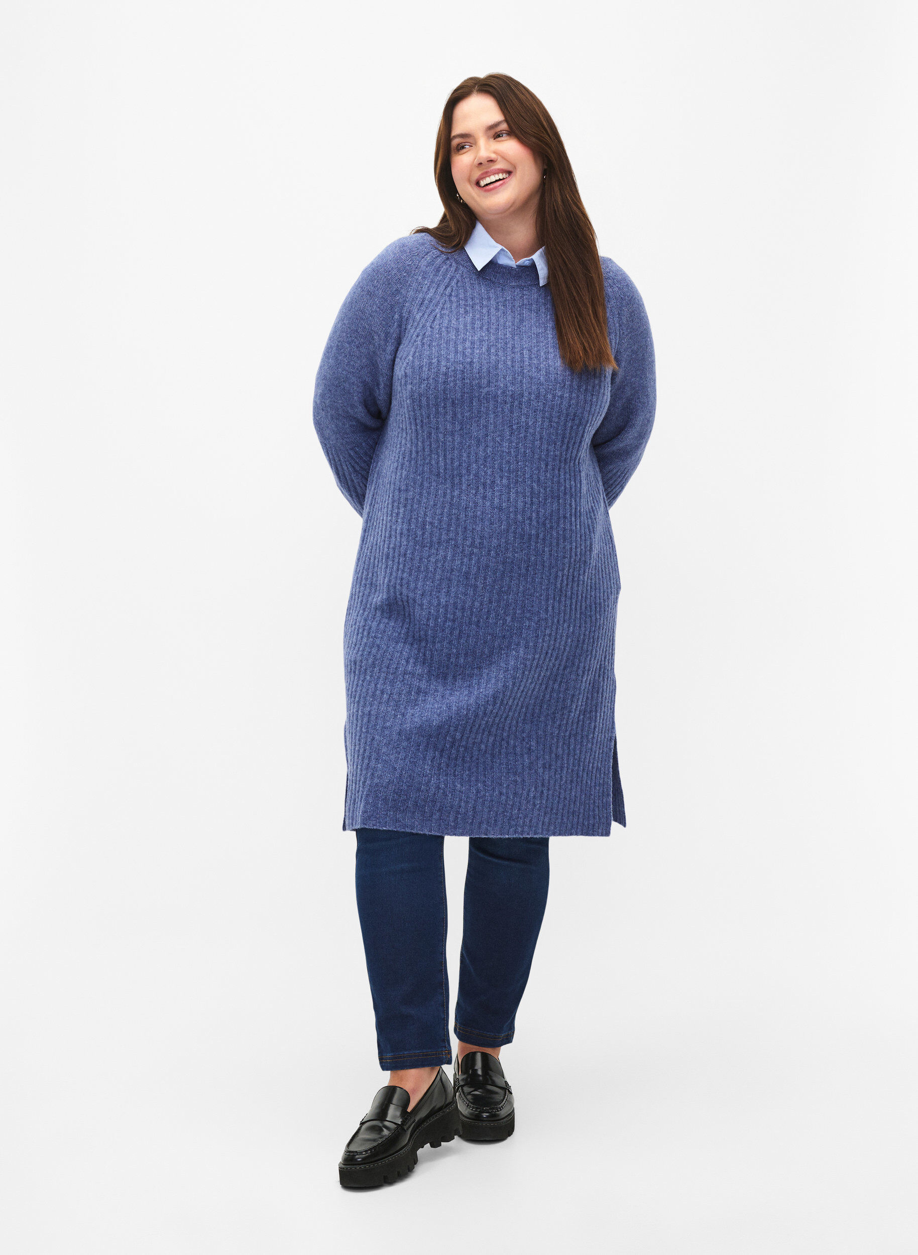 Zizzifashion Rib-knit dress with slit, Gray Blue Mel., Model image number 2