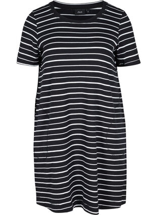Short-sleeved cotton dress with pockets, Black w. stripe, Packshot image number 0