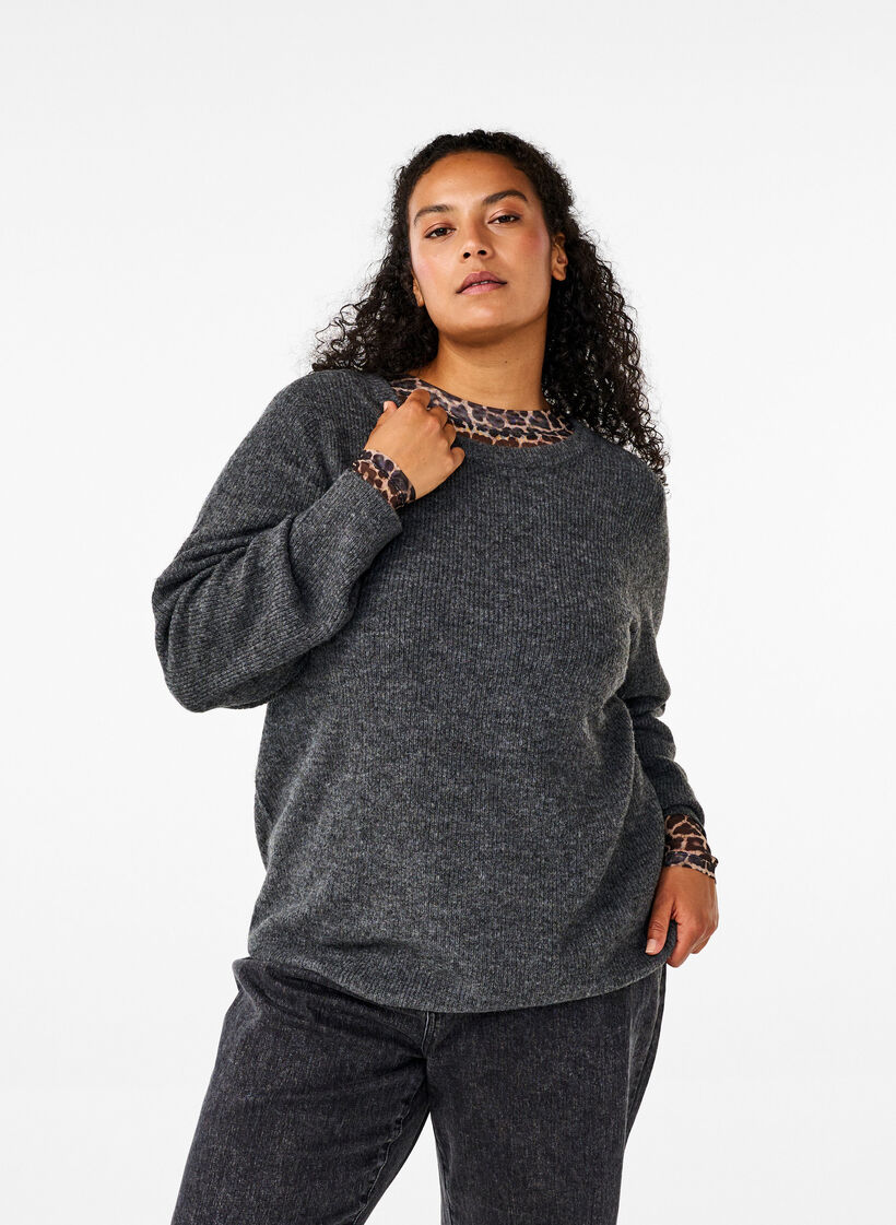 Melange sweater with round neck, Dark Grey Black Mel., Model image number 0