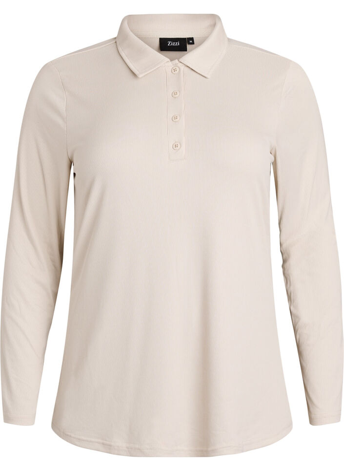 Polo shirt in soft rib with long sleeves, Beige, Packshot image number 0